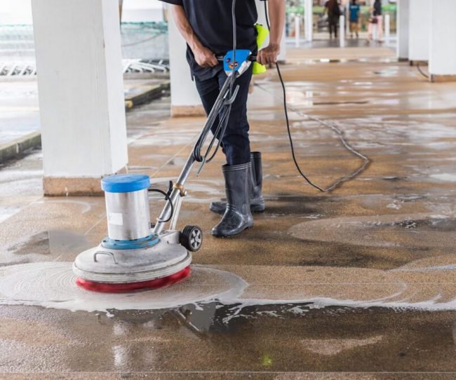 Asian,Worker,Cleaning,Sand,Wash,Exterior,Walkway,Using,Polishing,Machine Asian worker cleaning sand wash exterior walkway using polishing machine and chemical or acid